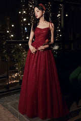 Burgundy tulle sequins long prom dress evening dress