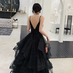 Black tulle sequins prom dress evening dress