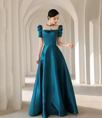 Blue satin long A line prom dress blue evening dress