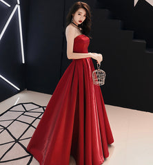 Simple satin long prom dress burgundy evening dress