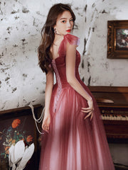 Burgundy tulle sequins long prom dress