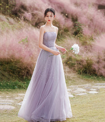 Purple tulle beads long prom dress A line evening dress