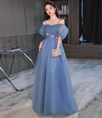 Blue tulle long prom dress A lin evening dress