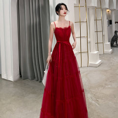 Burgundy tulle long prom dress, evening dress