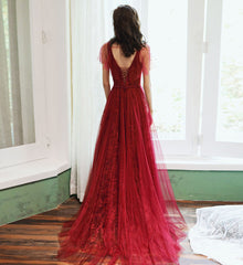 Burgundy tulle long prom dress evening dress