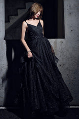 Black Simple v neck tulle long prom dress A line evening dress