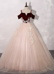 Find Your Dress For Prom! Burgundy Velvet Pink Tulle Spagehtti Straps Appliques Quinceanera Dress