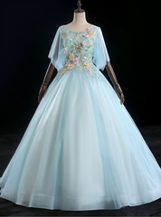 Find Your Dress For Prom! Light Blue Ball Gown Tulle Short Sleeve Appliques Quinceanera Dress