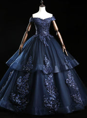 Find Your Dress For Prom! Navy Blue Ball Gown Tulle Appliques Off the Shoulder Beading Quinceanera Dress