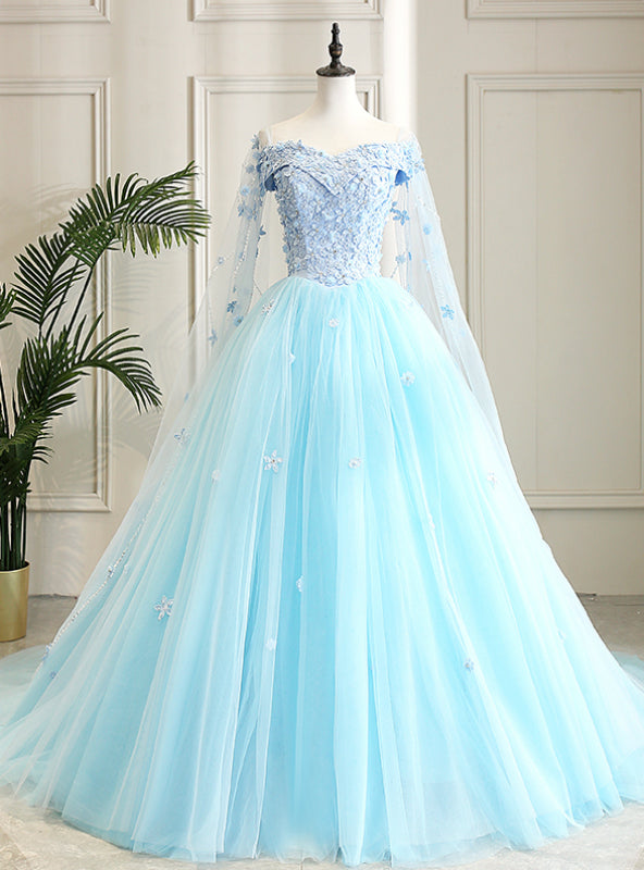 Fit Your Fashion Sense Light Blue Ball Gown Tulle Off the Shoulder Appliques Quinceanera Dress