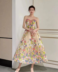 Floral Tea Length Prom Dresses, Elegant A-line Party Dresses, Newest Girl Graduation Dresses, Unique Prom Dresses, Newest Prom Dresses