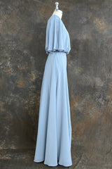 Flutter Sleeves Chiffon Sky Blue Bridesmaid Dress with Sash Bow Max Dresses