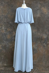 Flutter Sleeves Chiffon Sky Blue Bridesmaid Dress with Sash Bow Max Dresses