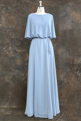 Flutter Sleeves Chiffon Sky Blue Bridesmaid Dress with Sash Bow Max Dresses