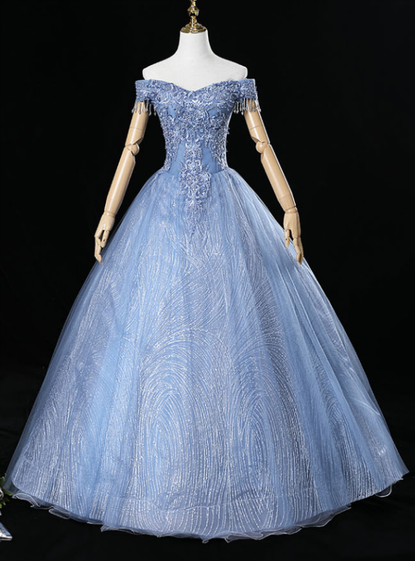 For The Very Best In Unique Or Custom. Blue Ball Gown Tulle Sequins Off the Shoulder Beading Quinceanera Dresses