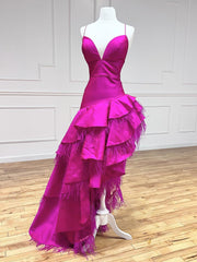 Fuchsia A Line V Neck Irregular Long Prom Dress