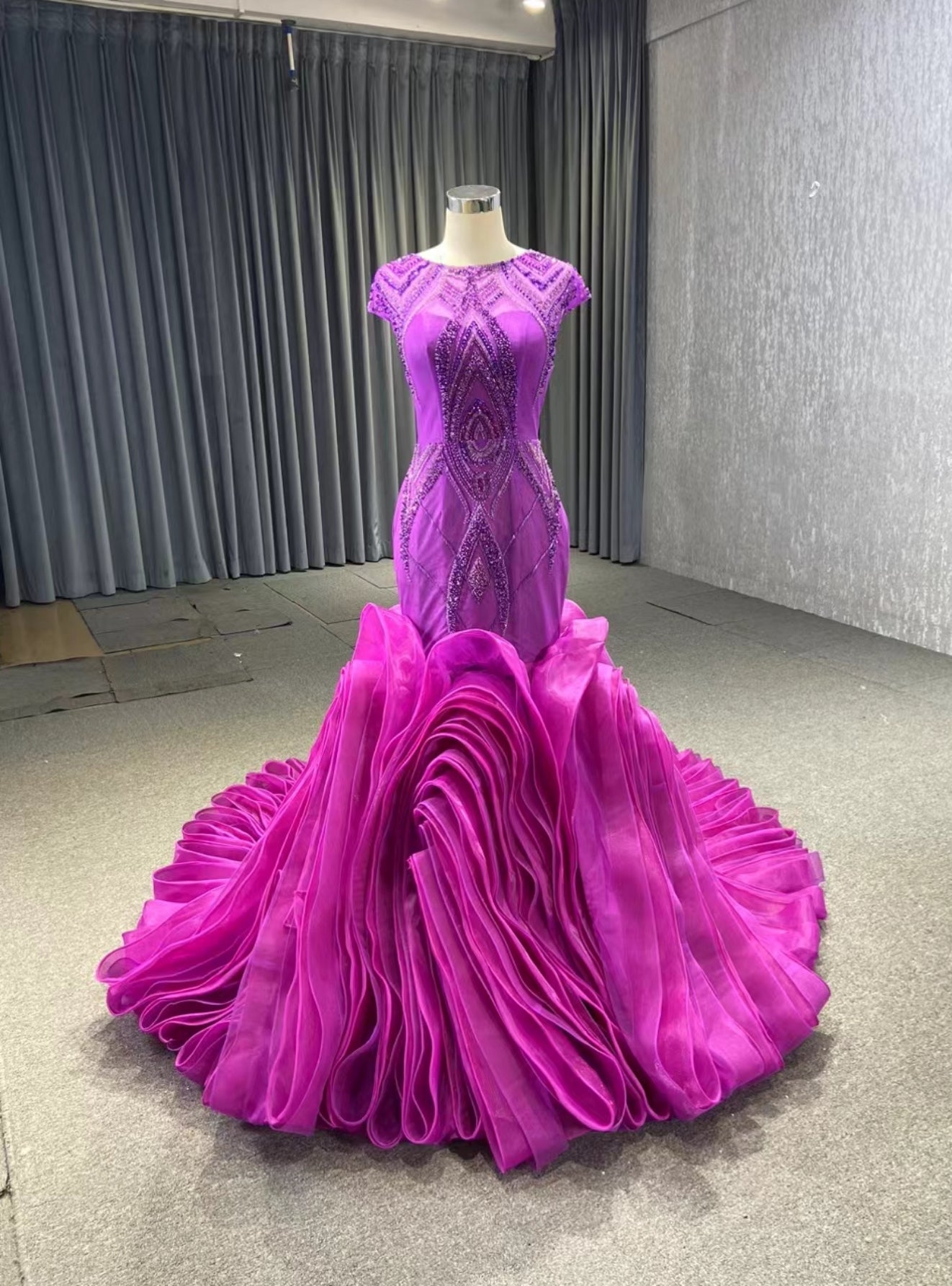 Fuchsia Mermaid Tulle Beading Prom Dress