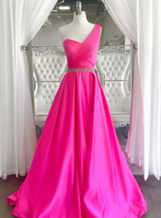 Fuchsia Satin One Shoulder Pleats Prom Dress