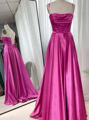 Fuchsia Satin Spaghetti Straps Prom Dress