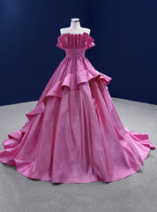 Fuchsia Satin Strapless Pleats Prom Dress