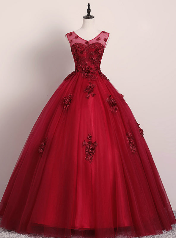 Get Your Discounts Burgundy Ball Gown Tulle Appliques V-neck Quinceanera Dress