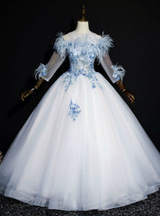 Get Your Discounts Light Ball Gown Tulle Appliques 3/4 Sleeve Quinceanera Dress