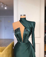 Glamorous High Neck One Shoulder Long Sleeve Mermaid Evening Gowns With Crystals