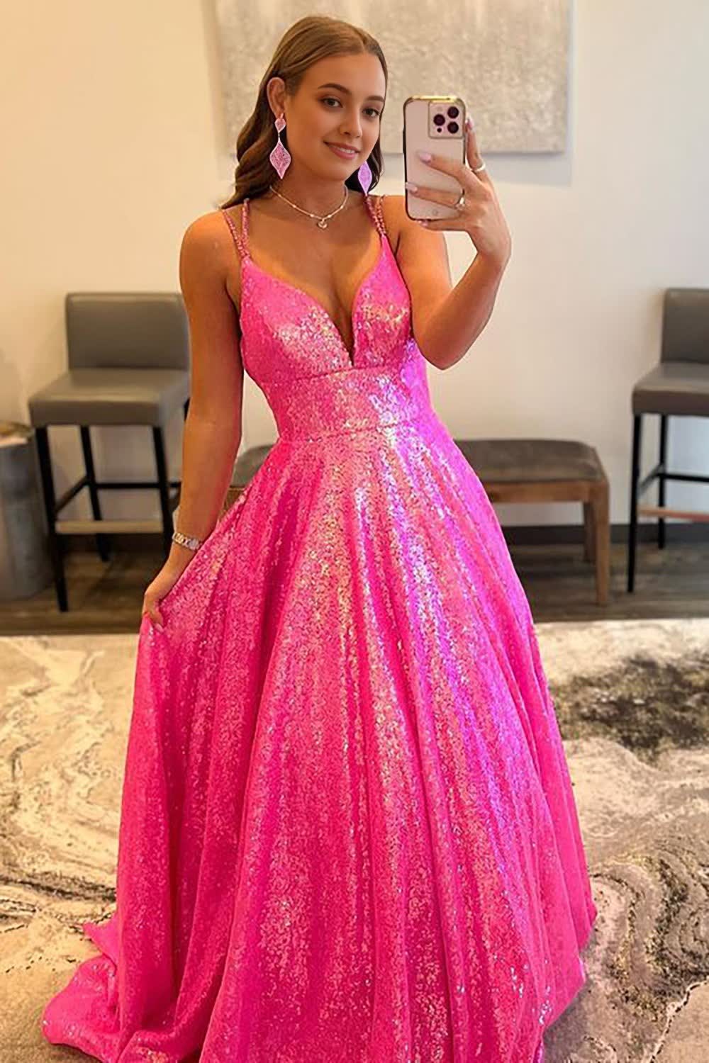 glitter fuchsia sequins long prom dress