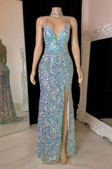 Glittering Spaghetti-Straps Sequins Prom Dress Mermaid Sleeveless With Slit