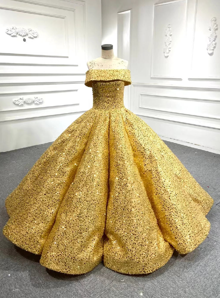 Gold Ball Gown Sequins Cap Sleeve Prom Dress