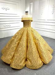 Gold Ball Gown Sequins Cap Sleeve Prom Dress