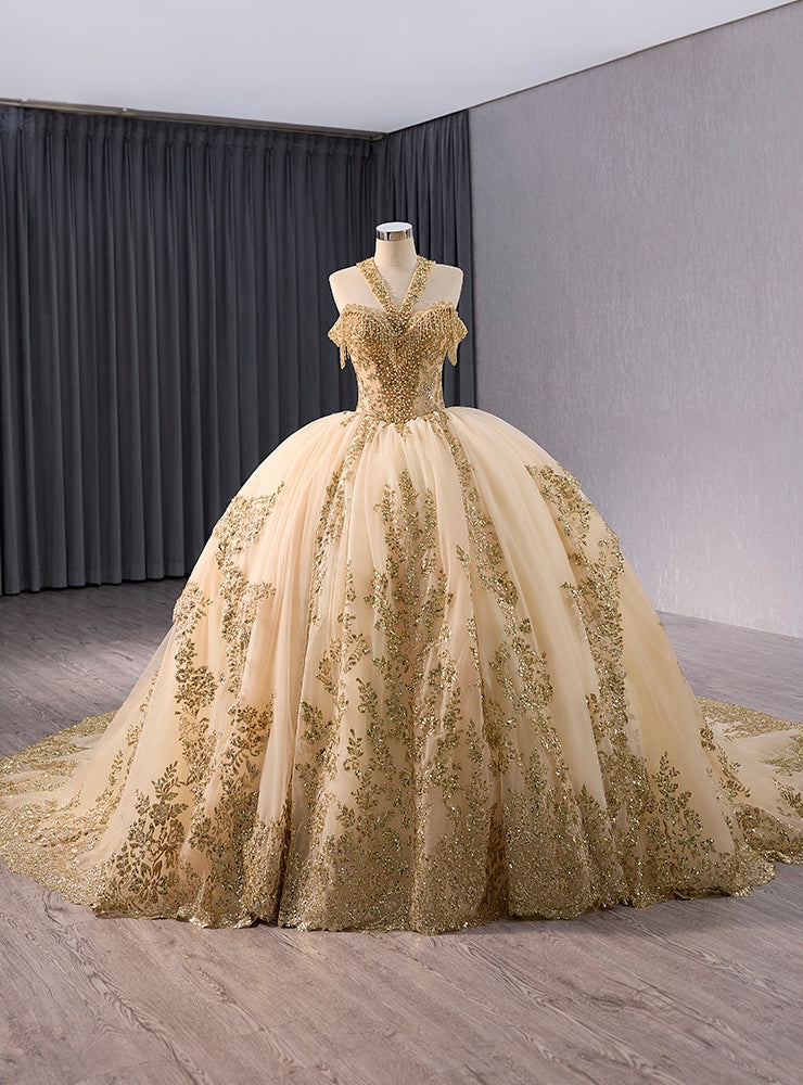 Gold Ball Gown Sequins Halter Pearls Prom Dress