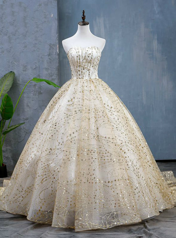 Gold Ball Gown Sequins Tulle Sweetheart Quinceanera Dresses