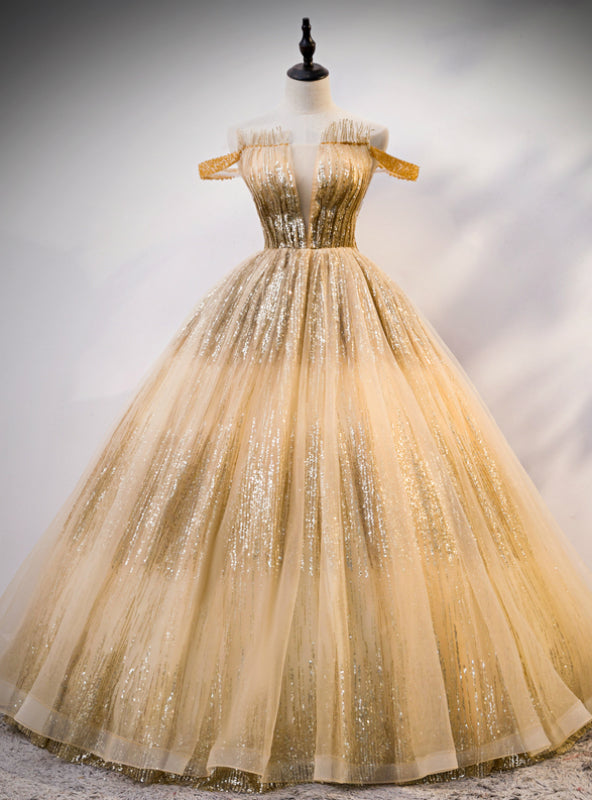 Gold Ball Gown Tulle Sequins Off the Shoulder Pleats Quinceanera Dress