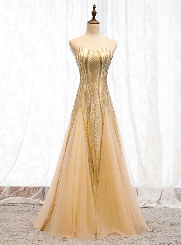 Gold Mermaid Sequins Tulle Sleeveless Prom Dress