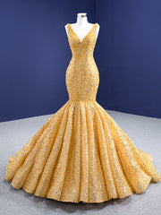 Gold Mermaid V-neck Sequins Pearls Prom Dress