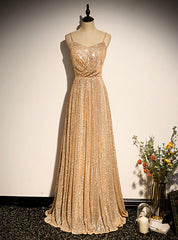 Gold Sequins Spaghetti Straps Prom Dress