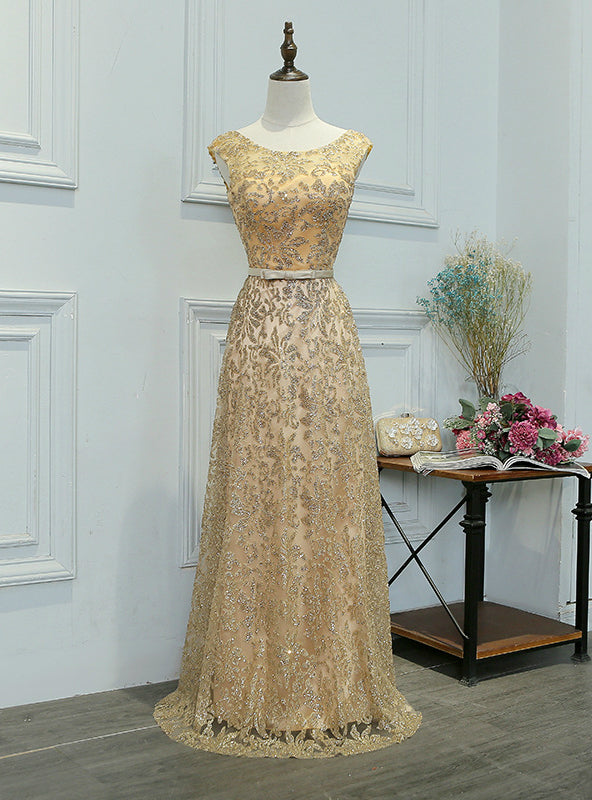 Gold Sequins Tulle Scoop Neck Bridesmaid Dress