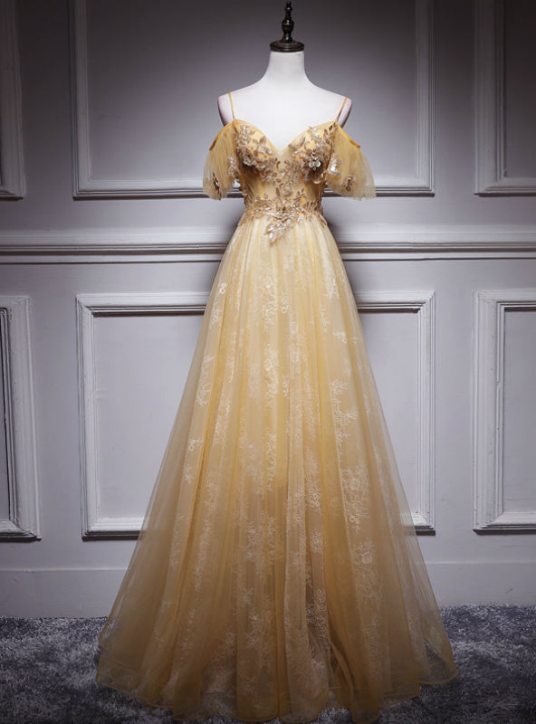 Gold Tulle Lace Sequins Appliques Backless Spaghetti Straps Prom Dress