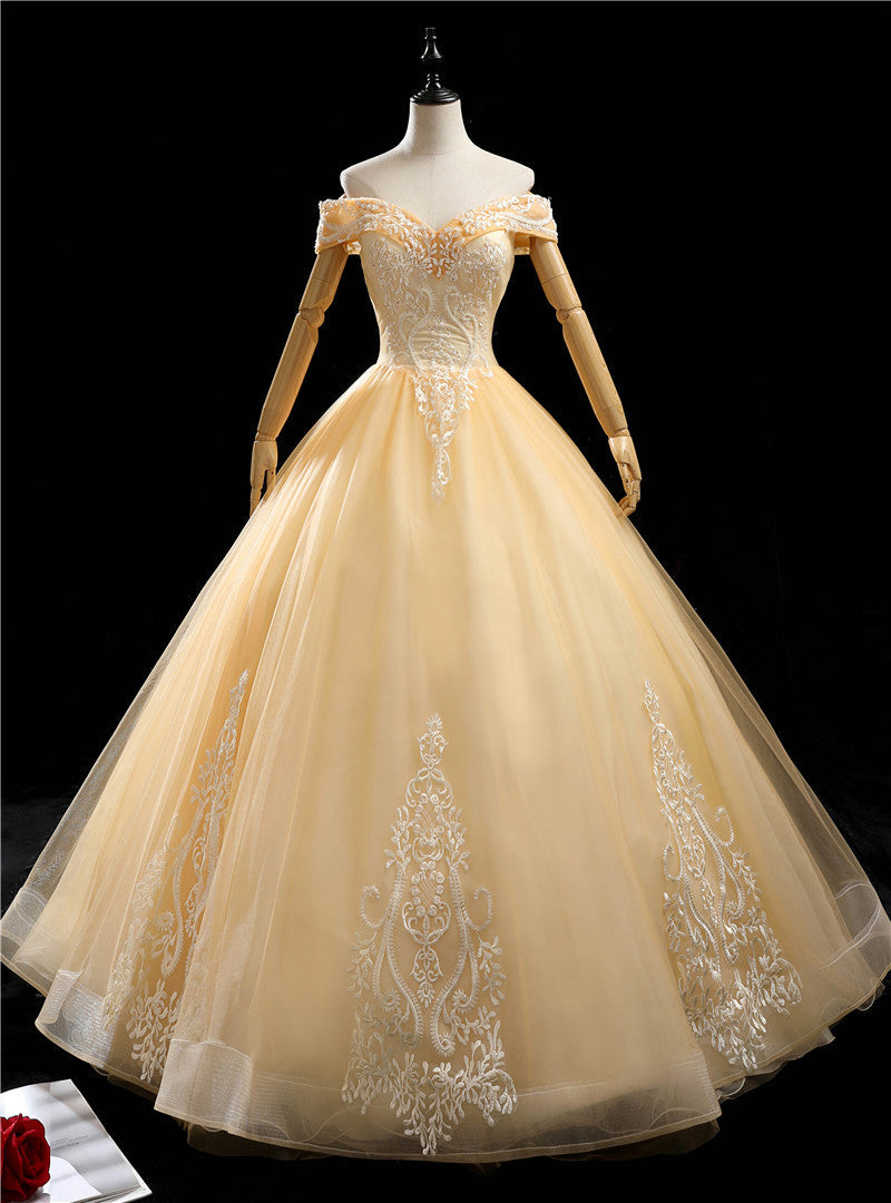 Gold Tulle Off the Shoulder Beading Appliques Quinceanera Dress