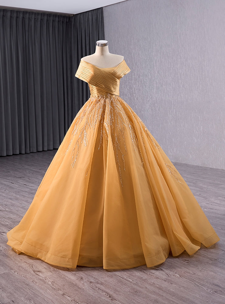 Gold Tulle Off the Shoulder Pleats Prom Dress