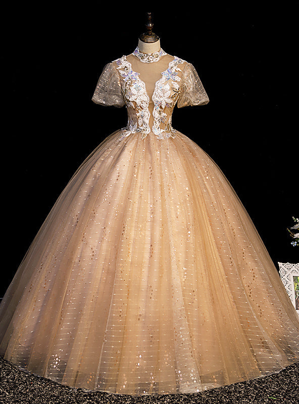 Gold Tulle Sequins Puff Sleeve Appliques Quinceanera Dress