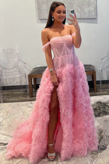 Gorgeous A Line Off the Shoulder Long Tulle Prom Dress with Slit