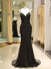 Gorgeous Black Evening Dresses Mermaid Luxury Heavy Beaded Straps Long Formal Evening Dress