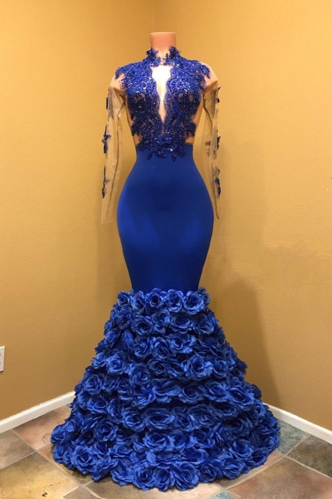 Gorgeous Royal Blue Prom Dresses Long Sleevess Evening Gowns with Rose Flowers