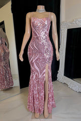 Gorgeous Spaghetti-Straps Mermaid Prom Dresses Sequins Sleeveless With Slit