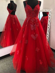 Gorgeous V Neck Backless Red Lace Appliques Prom Dresses