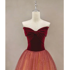 Gradient Red Tulle with Velvet Long Party Dress, Cute Floor Length Formal Dress