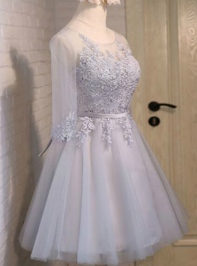 Gray 3/4 Sleeve Lace Homecoming Dress