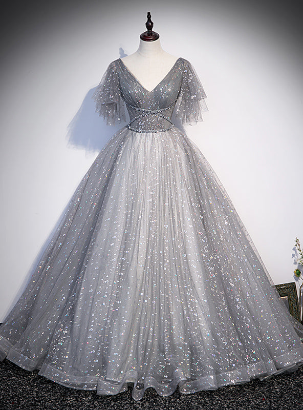 Gray Ball Gown Tulle Sequins V-neck Prom Dress